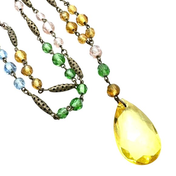 Antique Czech Art Deco Pastel Glass Pendant Necklace Antiqued Gold 22" - Picture 3 of 4